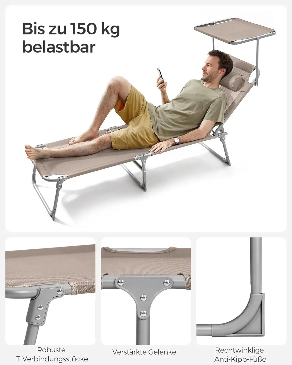 Sonnenliege klappbar 150kg taupe Stahl von Songmics