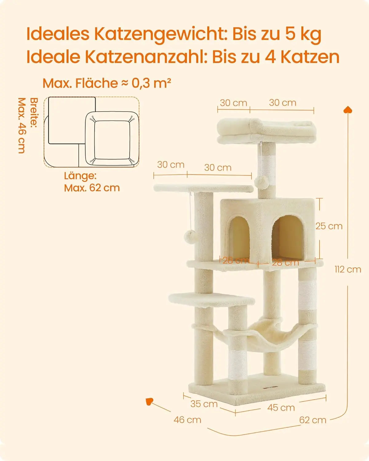 Kratzbaum 112cm Hängematte beige Plüsch von Songmics