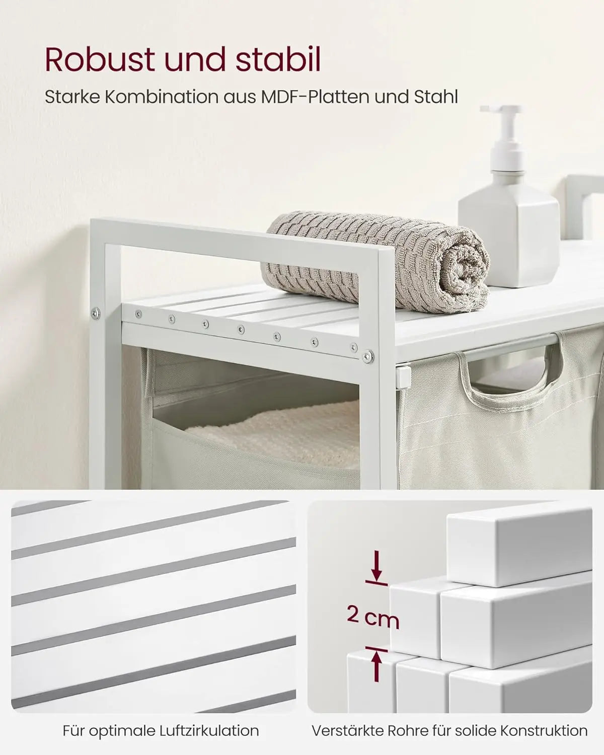 Wäschekorb mit 2 Fächern und Ablage, cremeweiss-mattweiss von Songmics