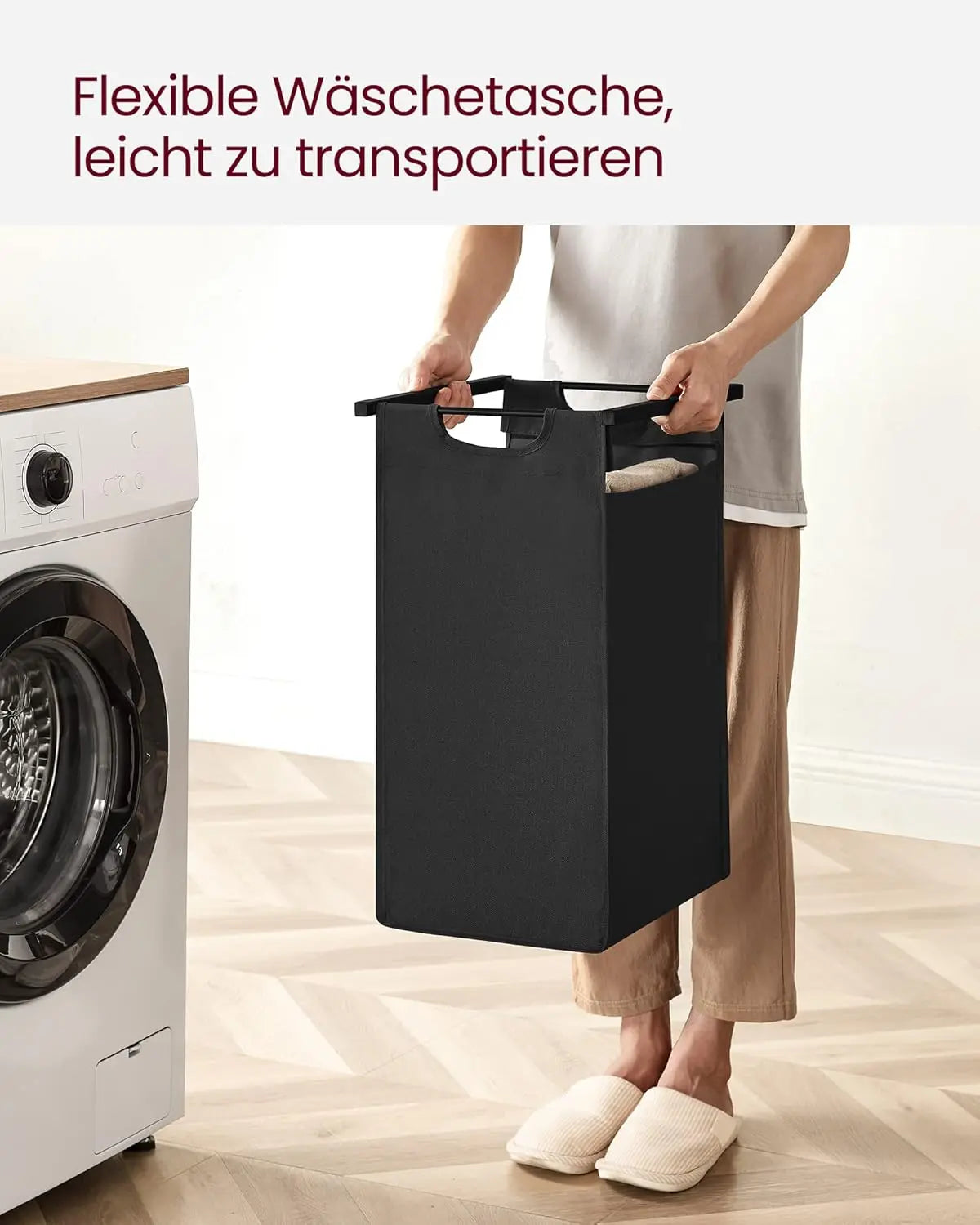 Wäschekorb mit 2 Fächern Ablage, tintenschwarz-vintagebraun von Songmics