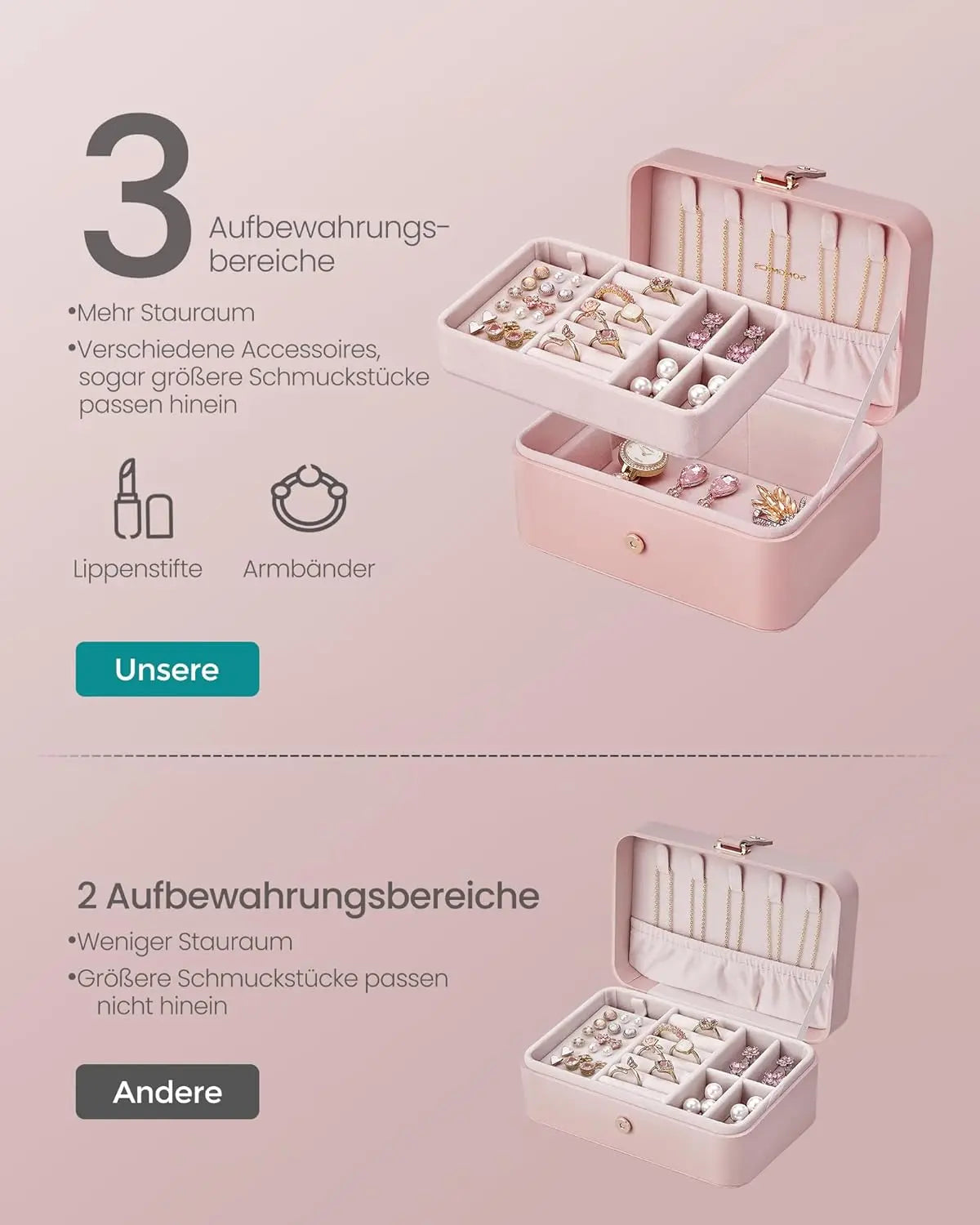 Schmuckkästchen Reise 2-Ebenen pastellrosa von Songmics