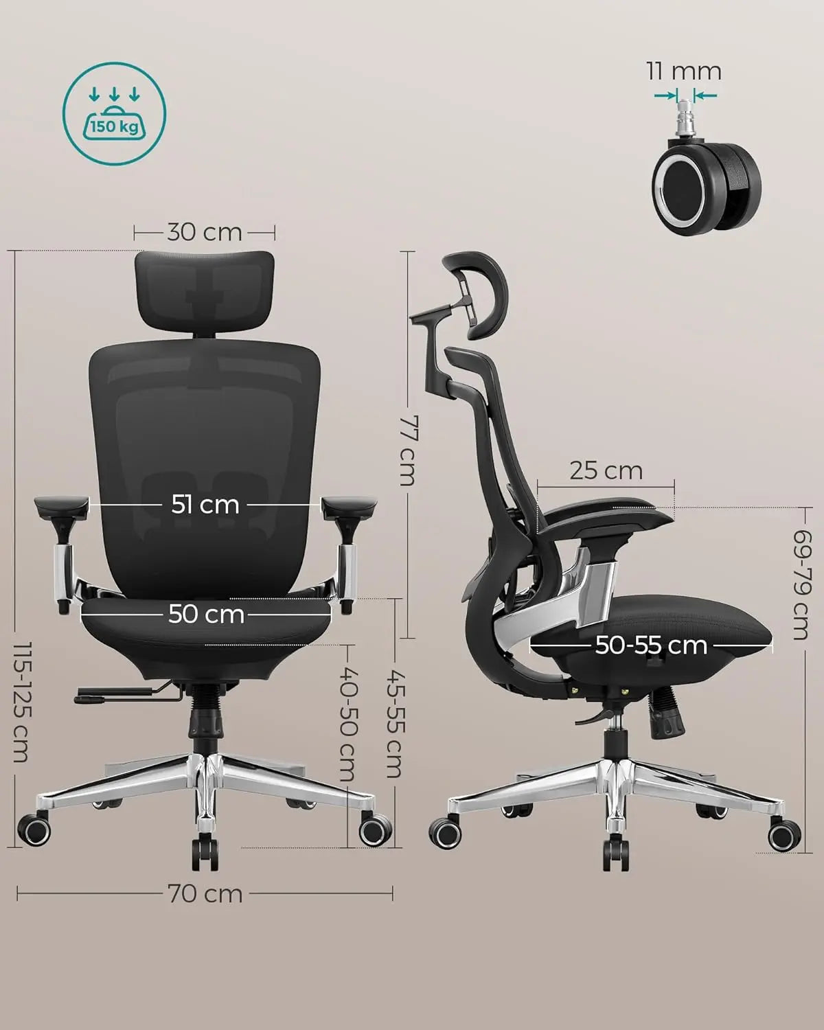 Bürostuhl Ergonomisch Verstellbar Belastbar Tintenschwarz von Songmics