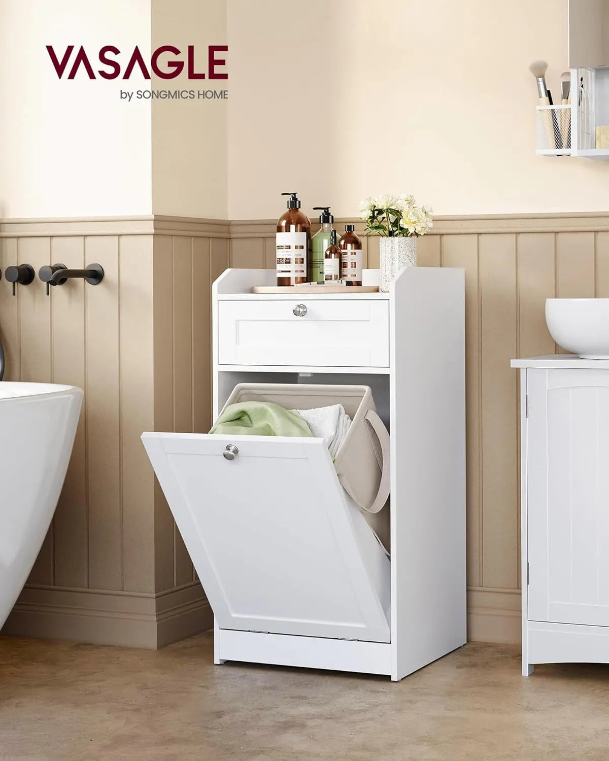 Badschrank mit Wäschekorb wolkenweiss von Songmics