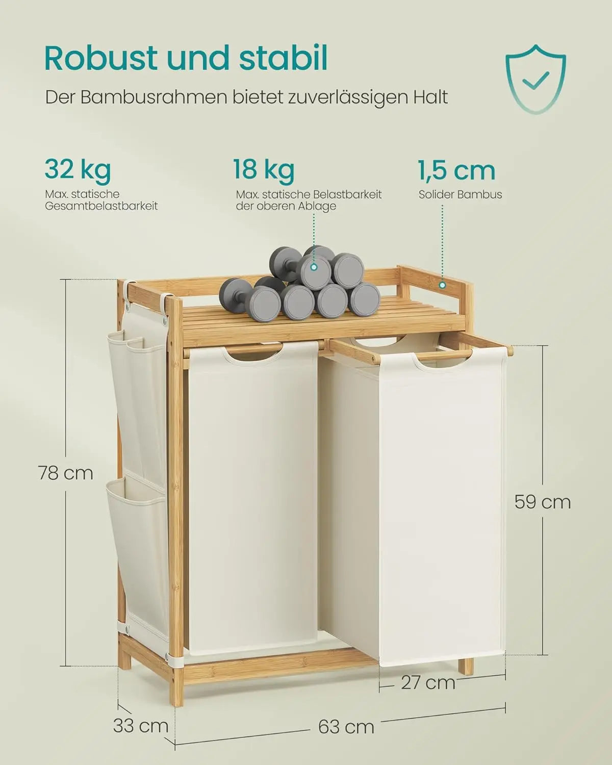 Wäschekorb Bambus 2 Fächer Cremeweiss von Songmics
