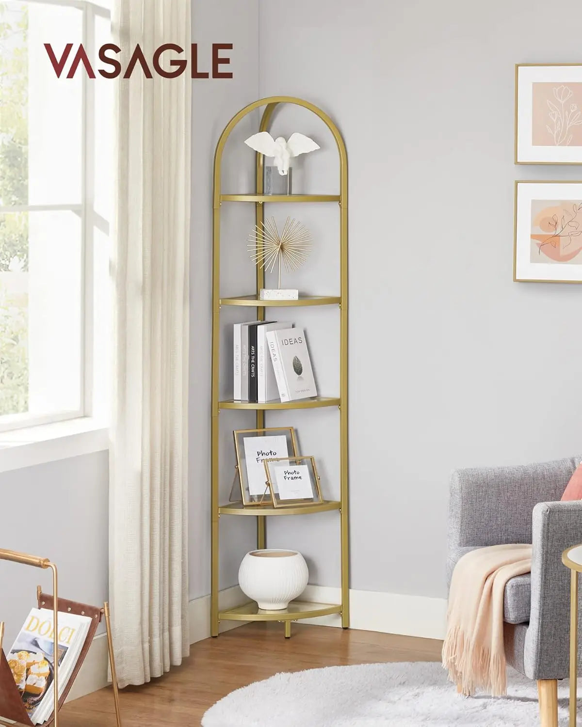 Eckregal 5 Ebenen Glasregal Gold von Songmics