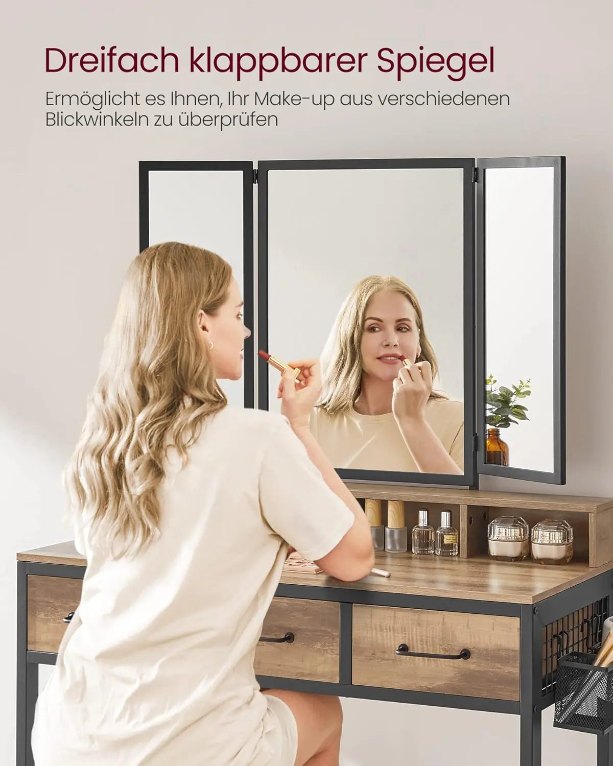 Schminktisch Spiegel Schubladen Hocker Eichenbraun Schwarz von Songmics