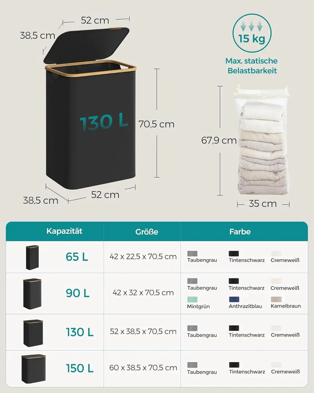 Wäschekorb 2 Fächer Bambus Griffe Schwarz von Songmics