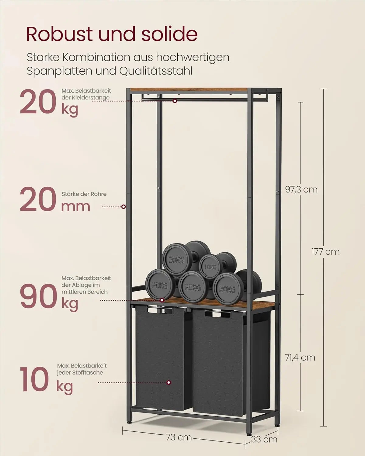 Wäschekorb Garderobenständer mit Wäschesammler vintagebraun von Songmics