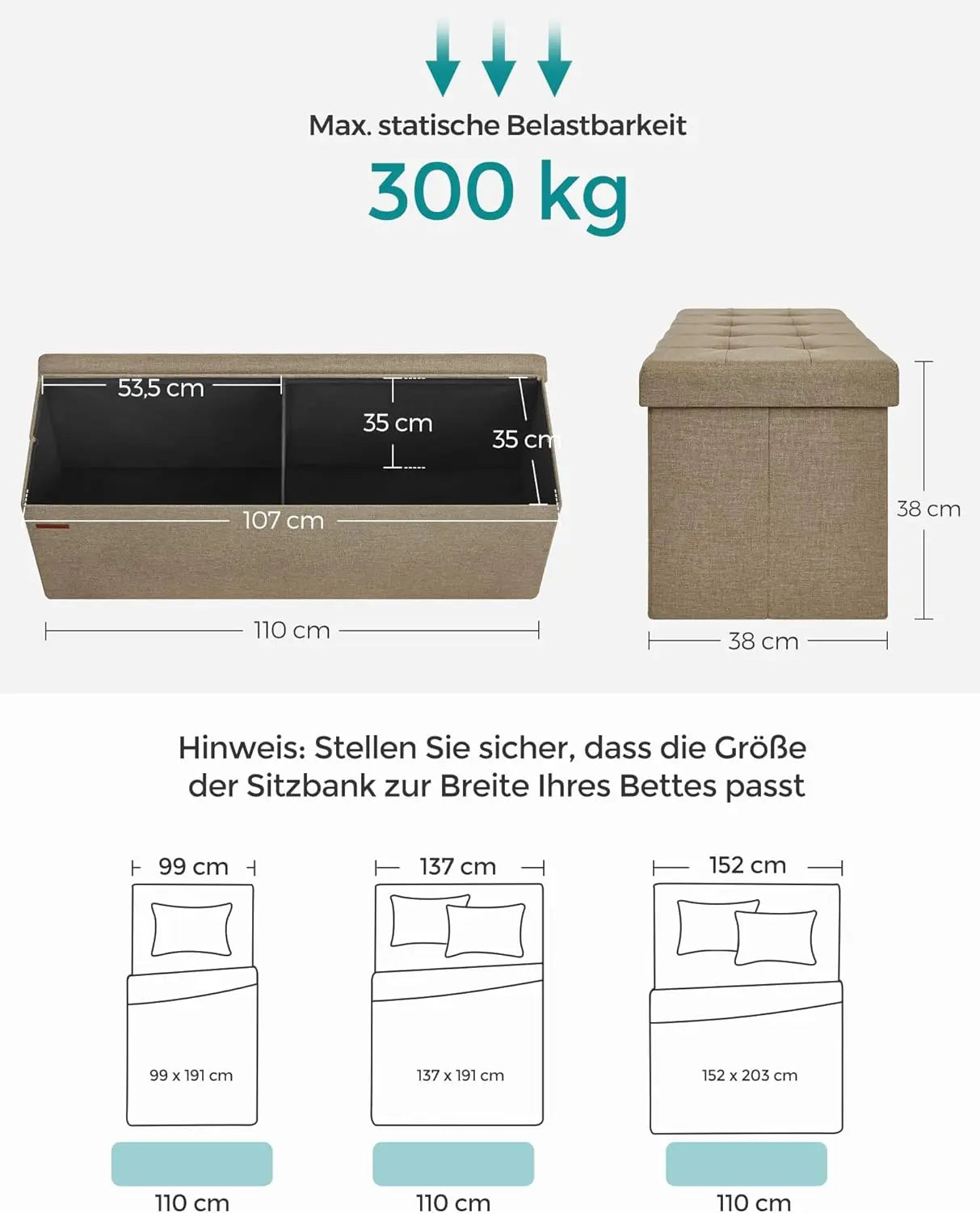Sitzbank Sitztruhe Stauraum Klappbar Belastbar Wohnzimmer Kamelbraun von Songmics