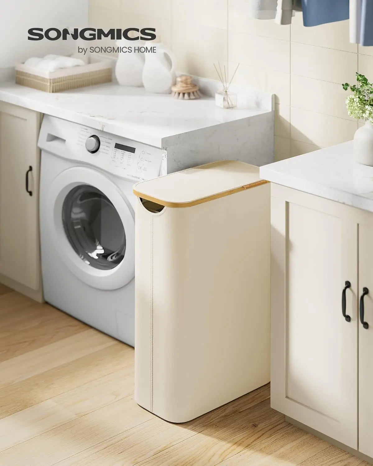 Wäschekorb 65L Bambus cremeweiss Oxford von Songmics