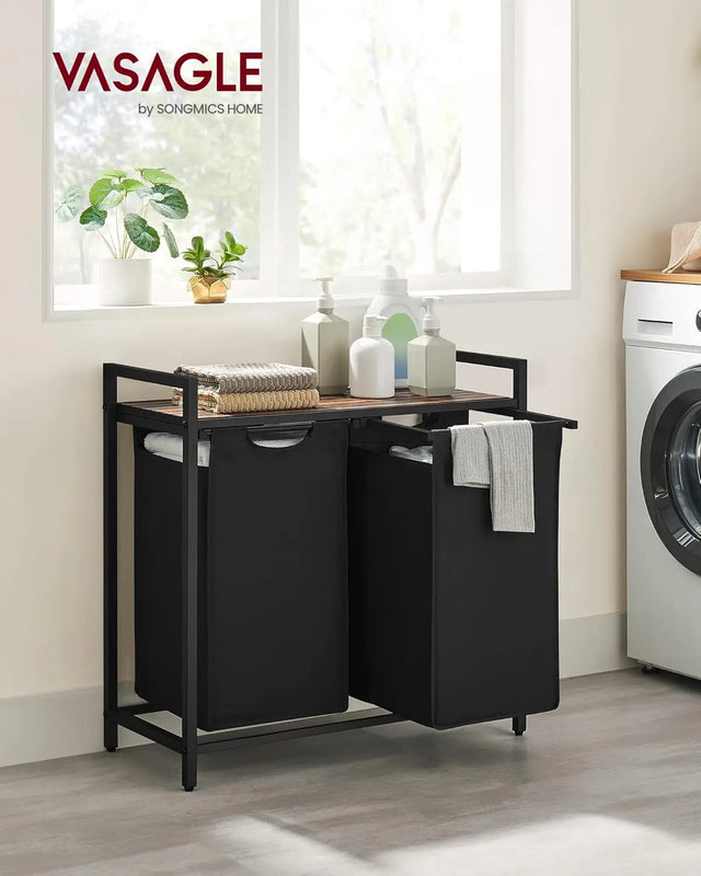 Wäschekorb mit 2 Fächern Ablage, tintenschwarz-vintagebraun von Songmics