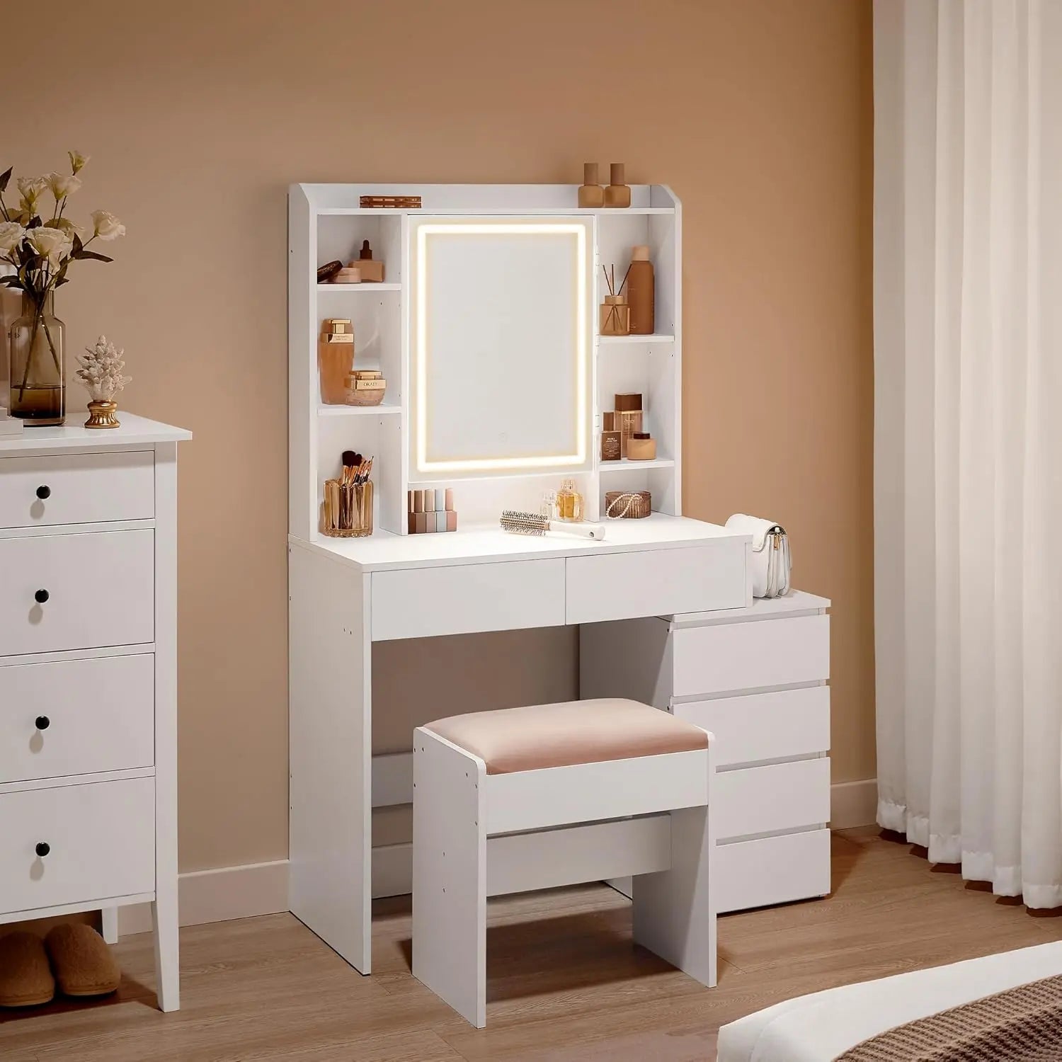 Schminktisch mit Hocker LED Beleuchtung Spiegel Schubladen Weiss von Songmics