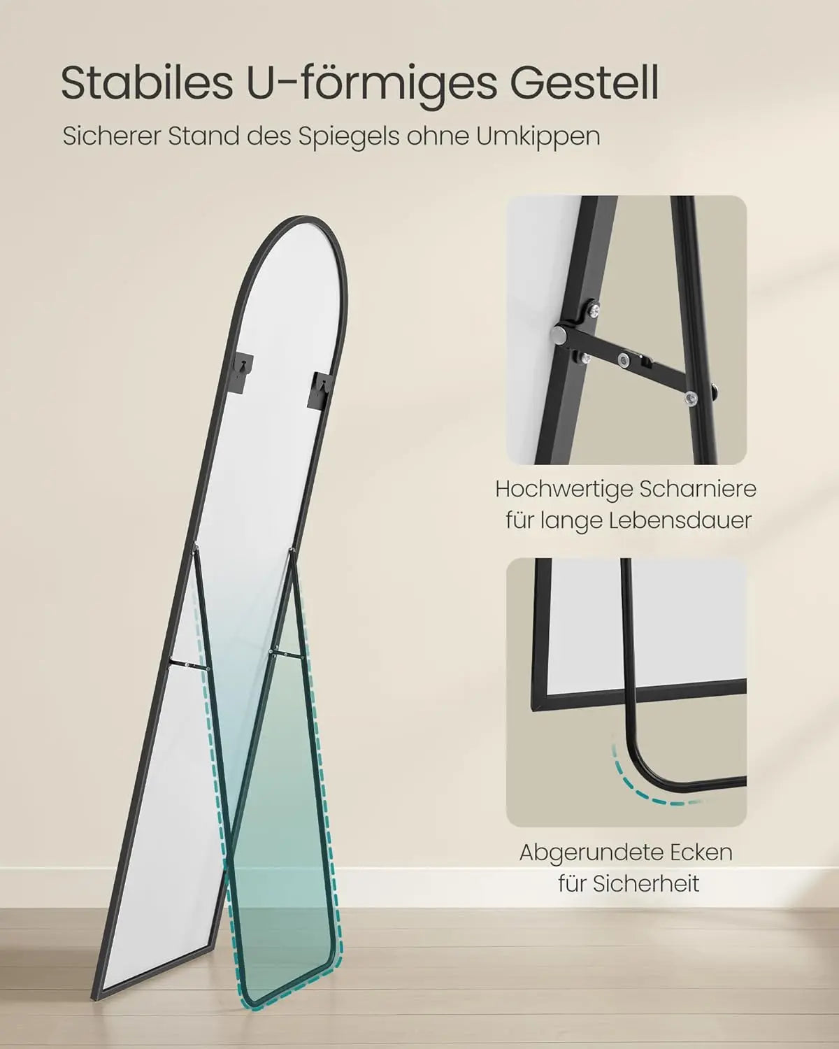 Standspiegel 160cm Aluminium Schwarz Gewölbt von Songmics