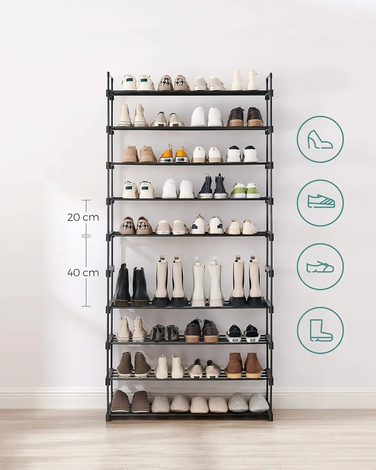 Schuhregal 10 Ebenen schmal Metall schwarz von Songmics