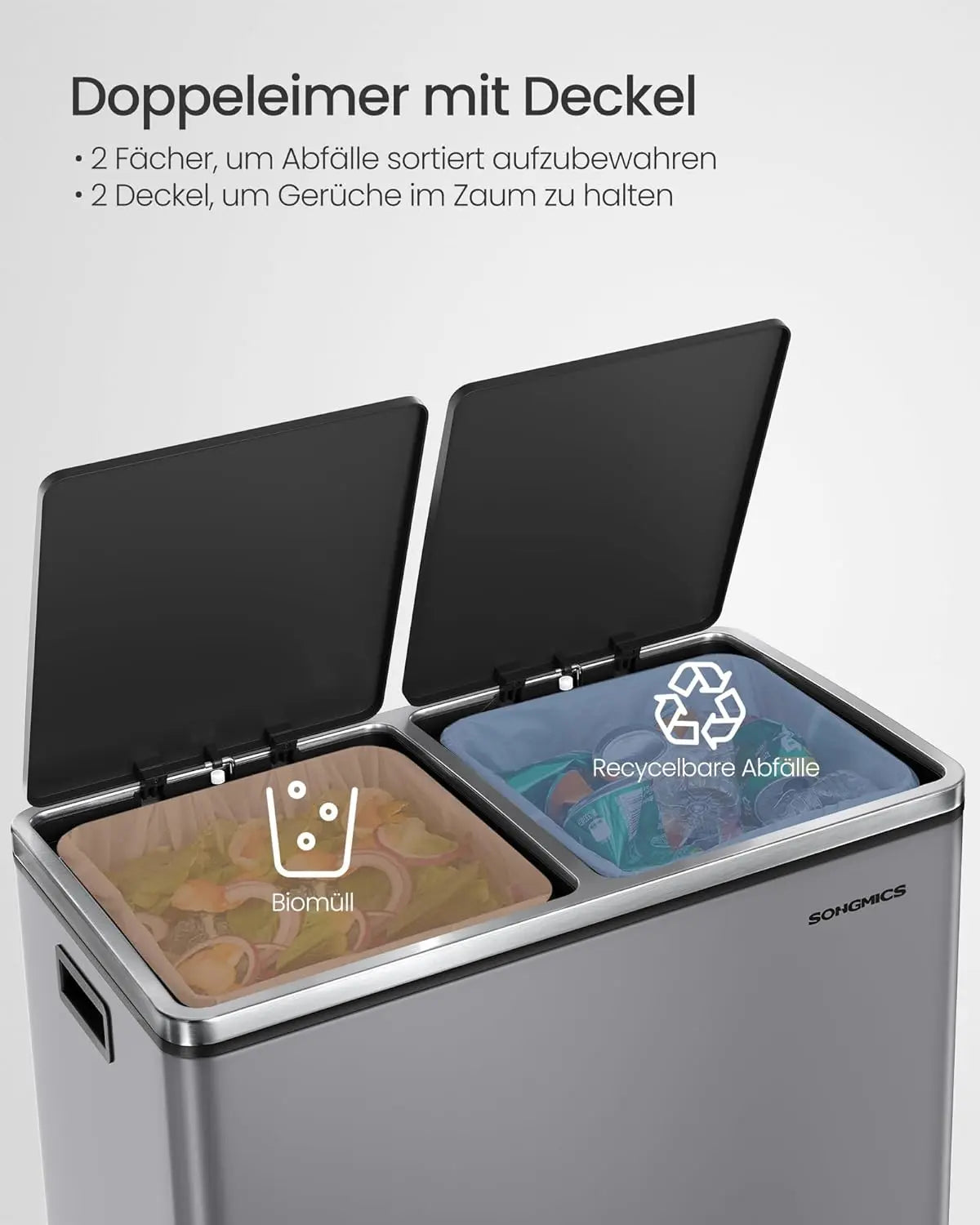 Treteimer 60L Mülltrennsystem Schiefergrau Metall von Songmics