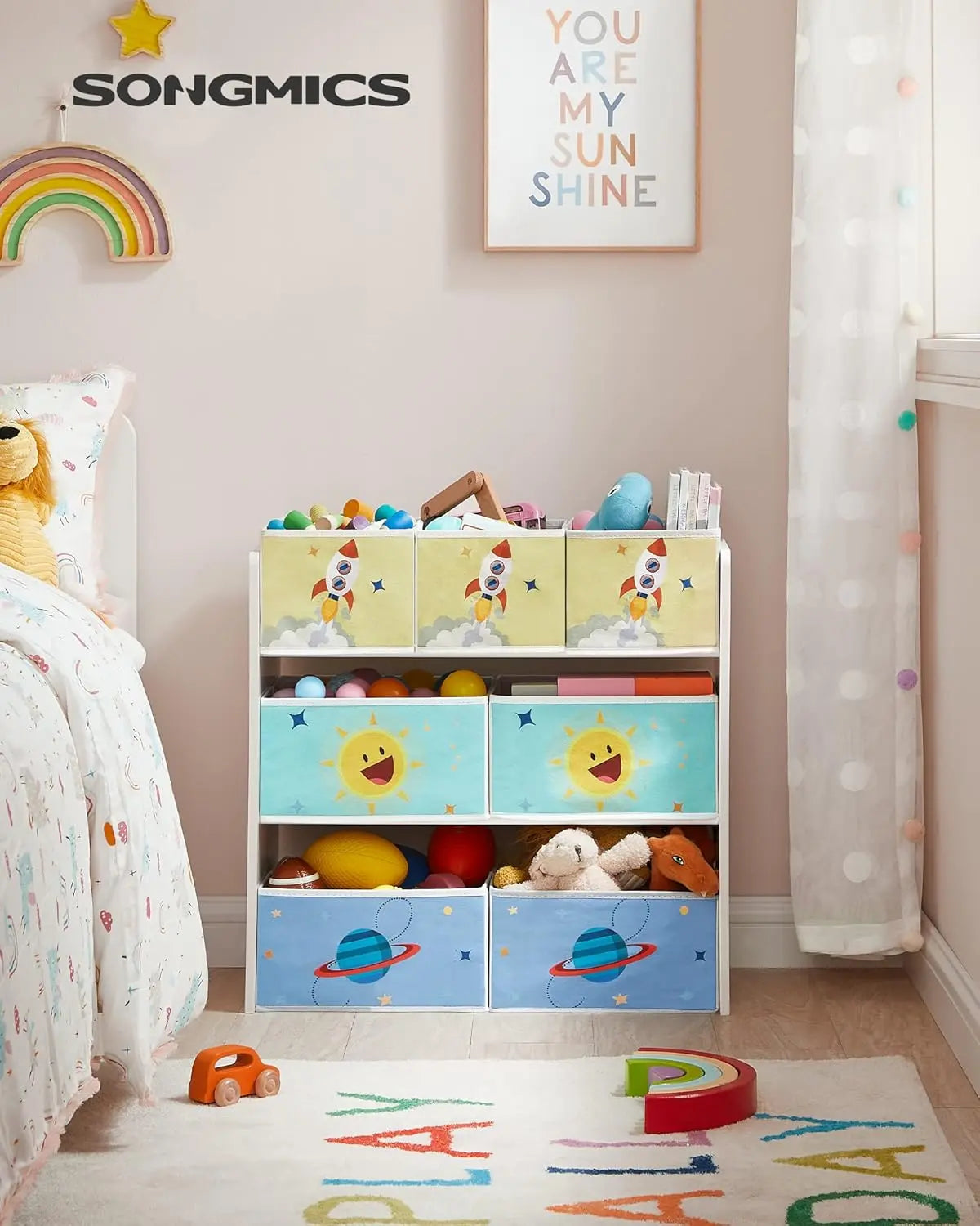 Kinderzimmerregal Weltall mit 7 Aufbewahrungsboxen Weiss von Songmics