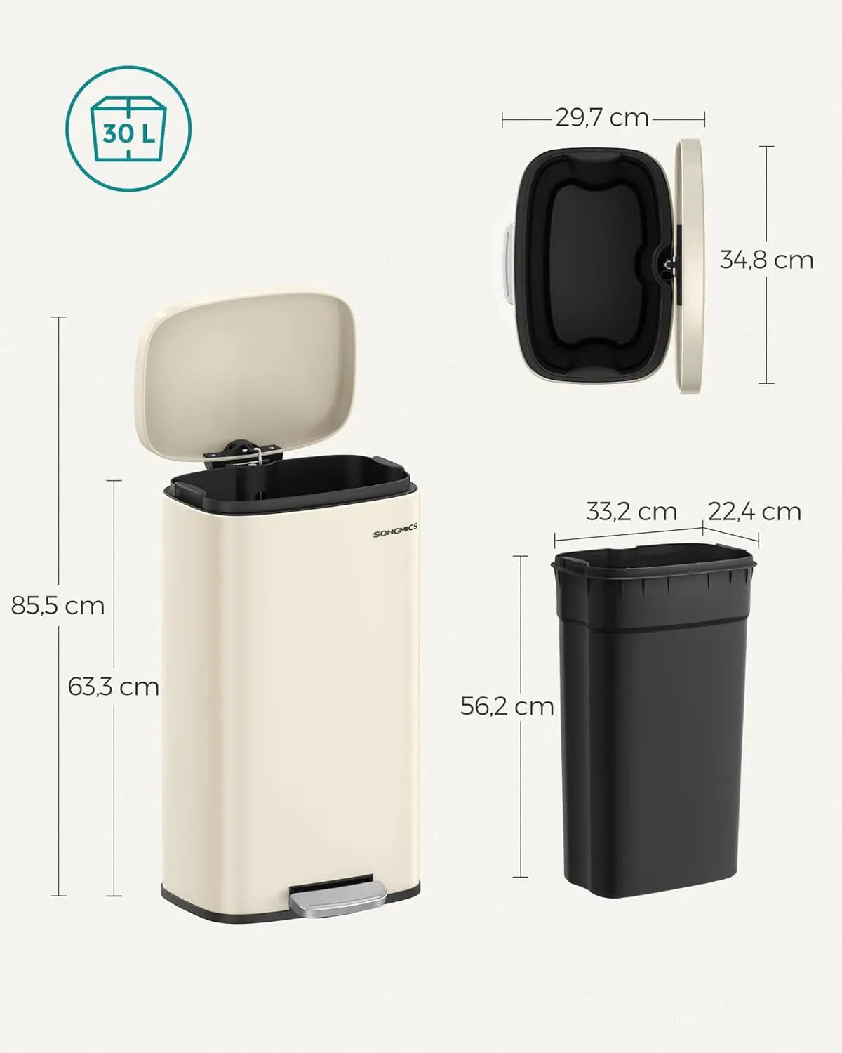 Treteimer 30L Softclose sandbeige Stahl von Songmics