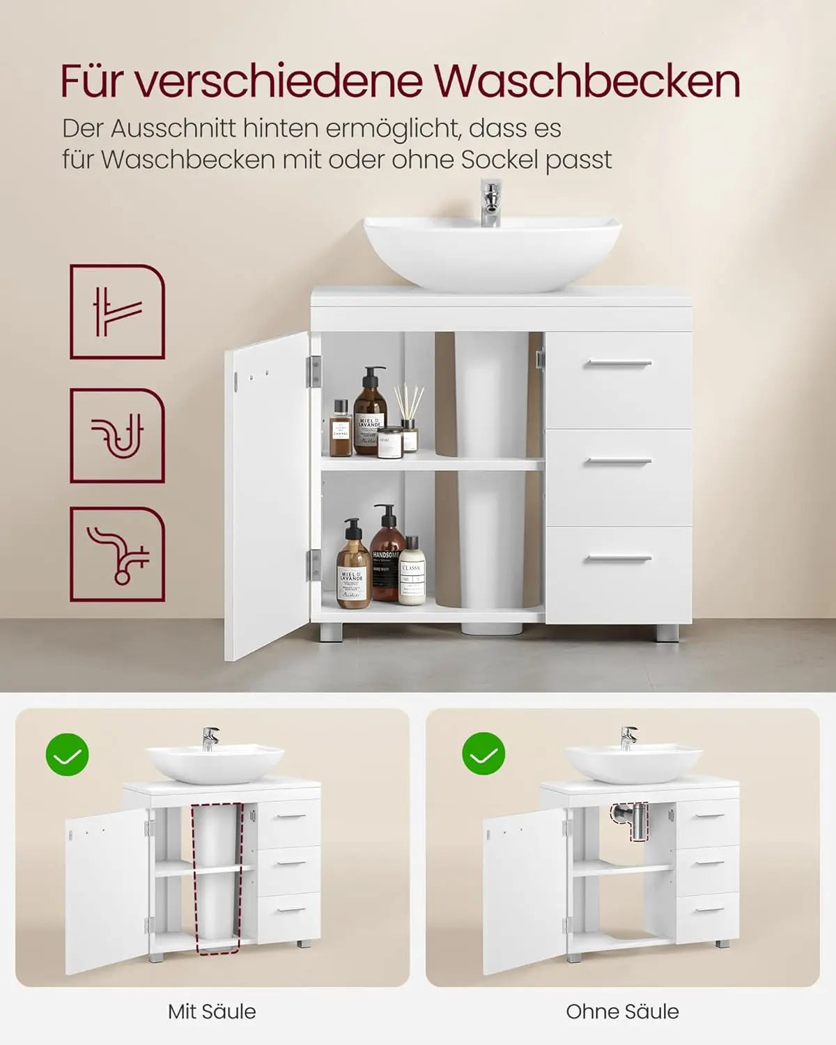 Badezimmerschrank Waschbeckenunterschrank 3 Schubladen weiss Holz von Songmics