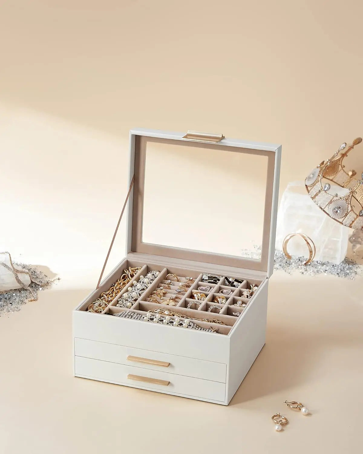 Schmuckkästchen mit Glasdeckel 3 Ebenen wolkenweiss-golden von Songmics