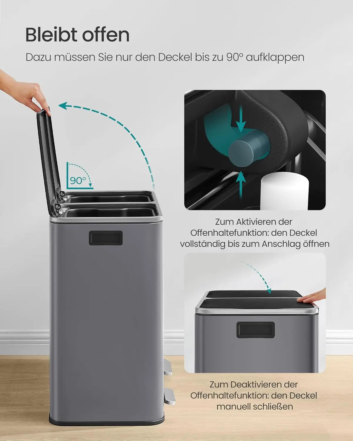 Treteimer 60L Mülltrennsystem Schiefergrau Metall von Songmics