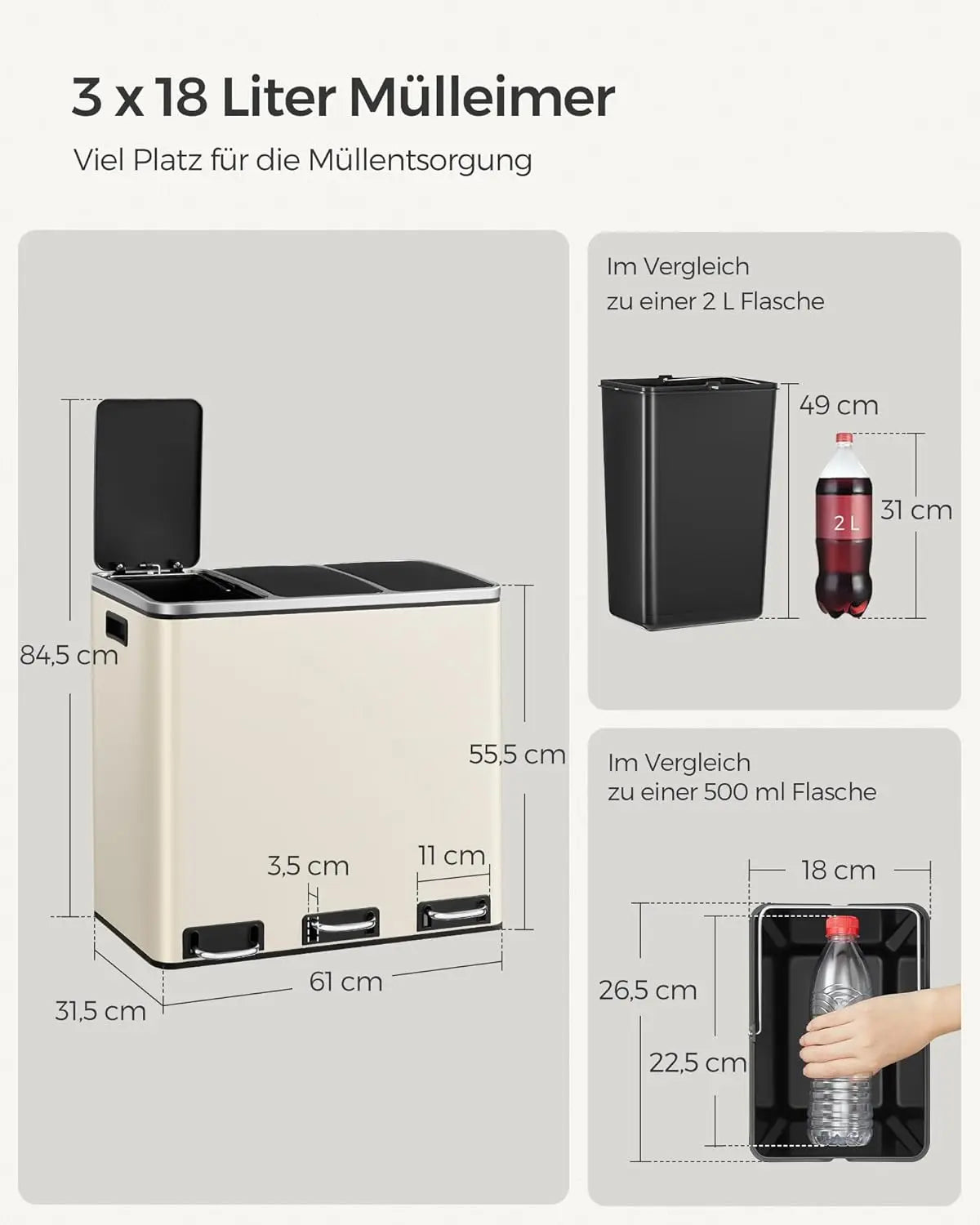 Treteimer 3-Fach 54L sandbeige Kunststoff von Songmics