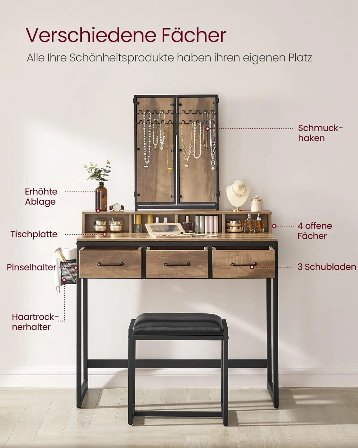 Schminktisch Spiegel Schubladen Hocker Eichenbraun Schwarz von Songmics
