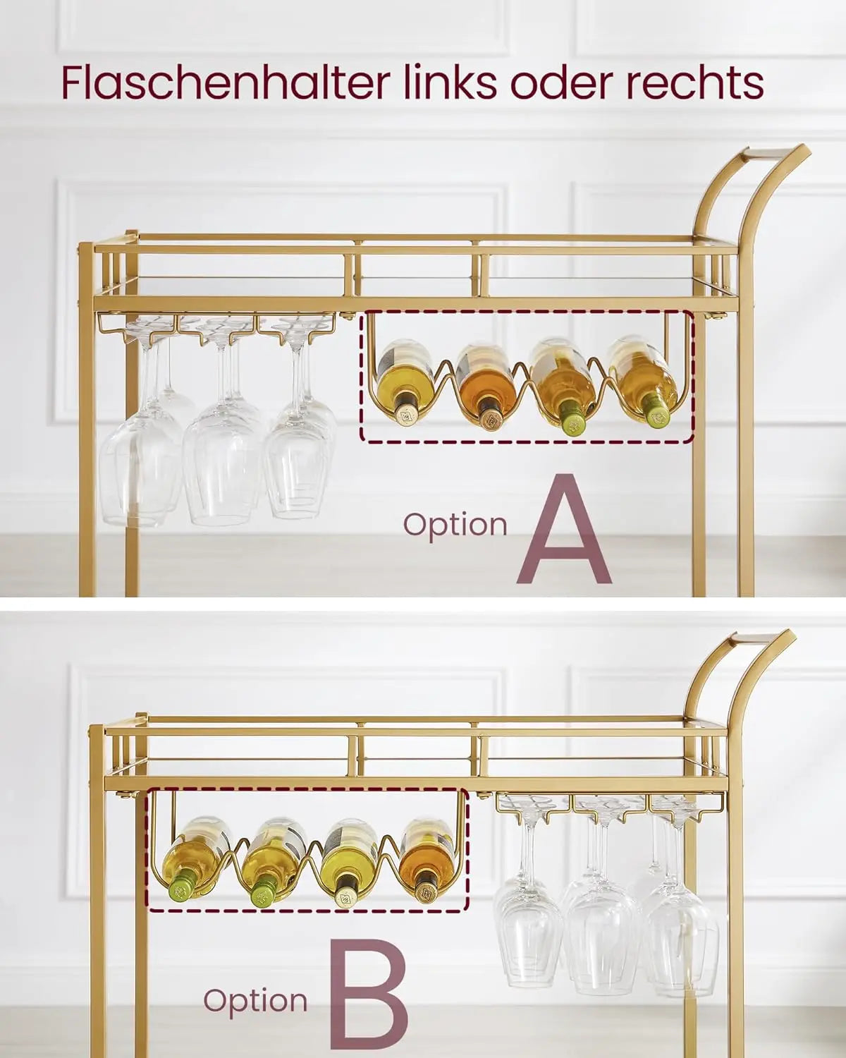 Servierwagen mit Gläserhalter und Glasablagen goldfarben von Songmics