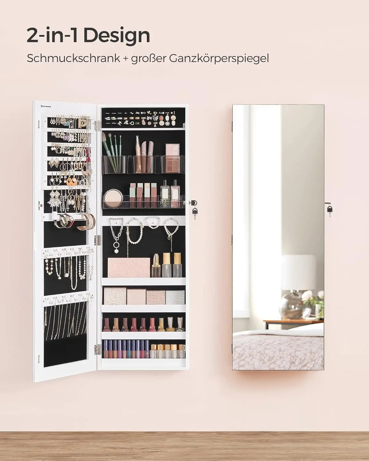 Schmuckschrank hängend abschliessbar Spiegel weiss von Songmics