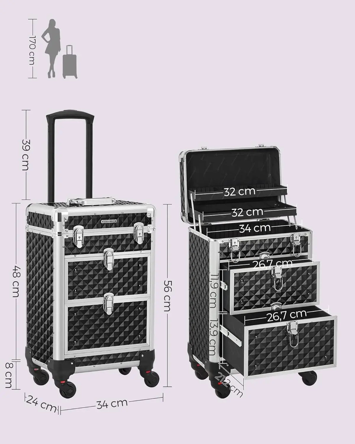 Kosmetikkoffer Trolley mit Schubladen Schwarz von Songmics