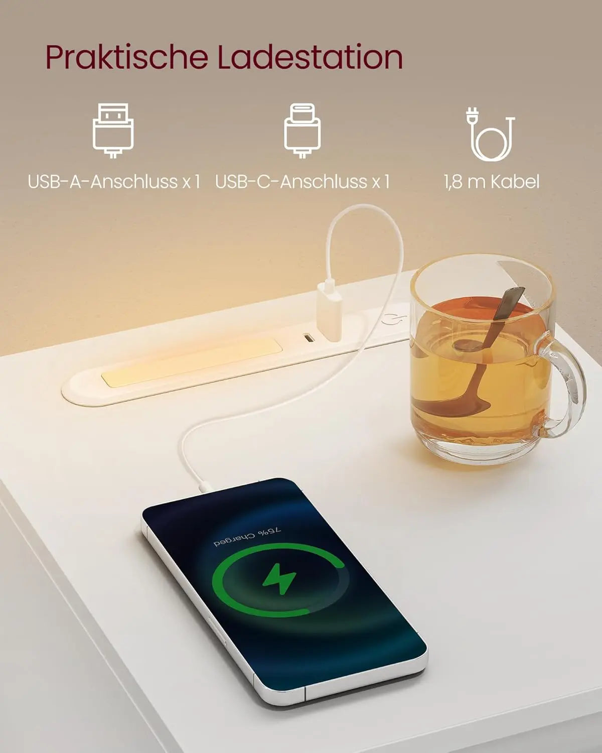 Nachttisch schmal LED USB weiss von Songmics