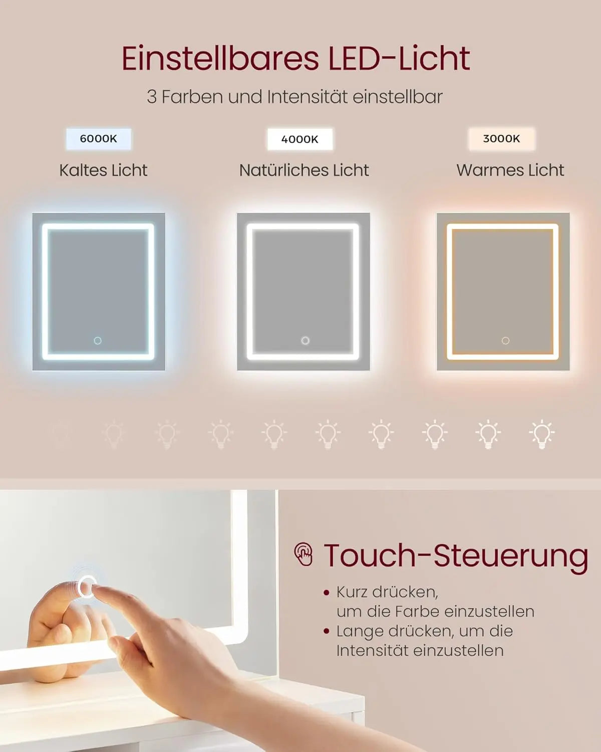 Schminktisch LED-Spiegel Steckdose weiss Holz von Songmics