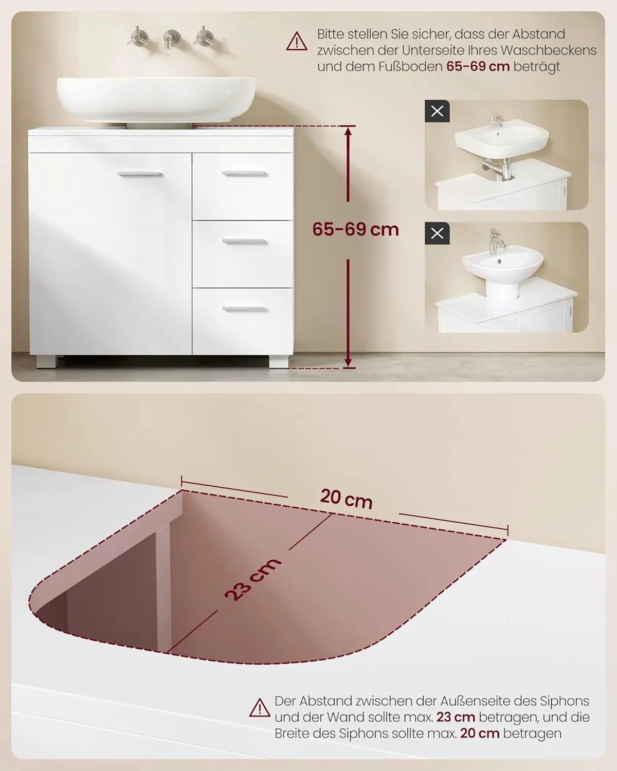 Badezimmerschrank Waschbeckenunterschrank 3 Schubladen weiss Holz von Songmics