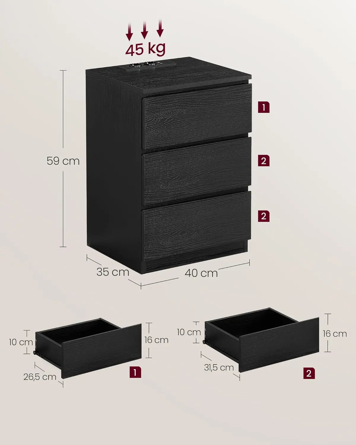 Nachttisch-Set 2 Stück USB Schwarz Holz von Songmics