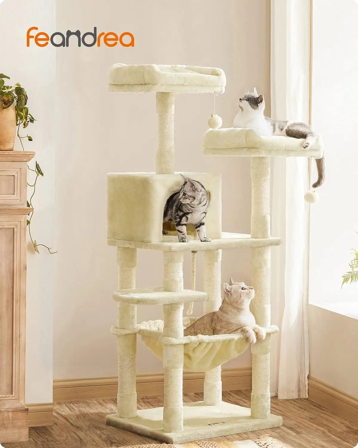 Kratzbaum Mehrstöckig mit Hängematte Beige von Songmics