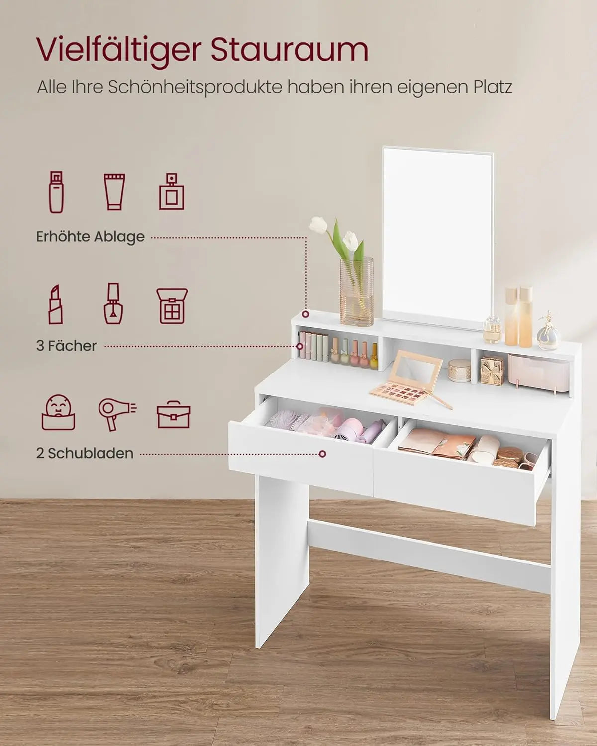 Schminktisch Modern Spiegel Schubladen Fächer Weiss von Songmics