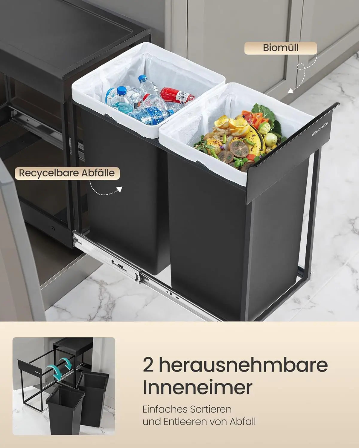 Mülltrennsystem ausziehbar 2x15L schwarz Stahl von Songmics