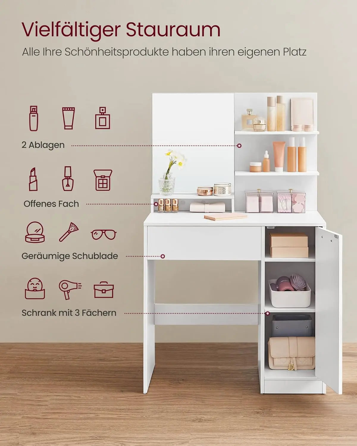 Schminktisch mit Spiegel und Ablagen Weiss von Songmics