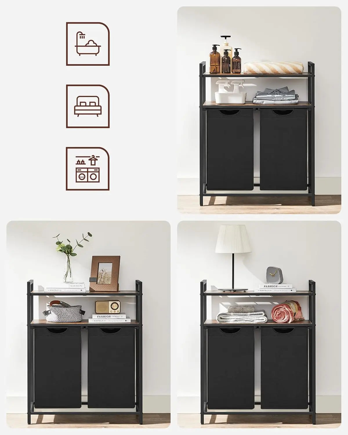 Wäschekorb mit 2 Fächern und 2 Ablagen vintagebraun-schwarz von guteszeug.ch