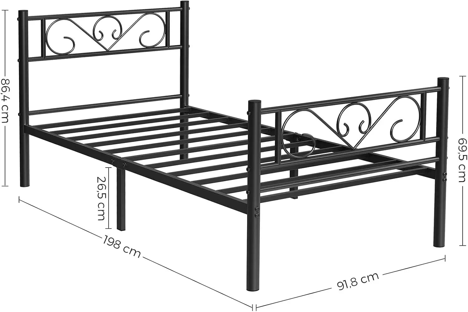 Metallbettgestell stabil für Matratze 90 x 190 cm schwarz pulverbeschichtet Metall von Songmics