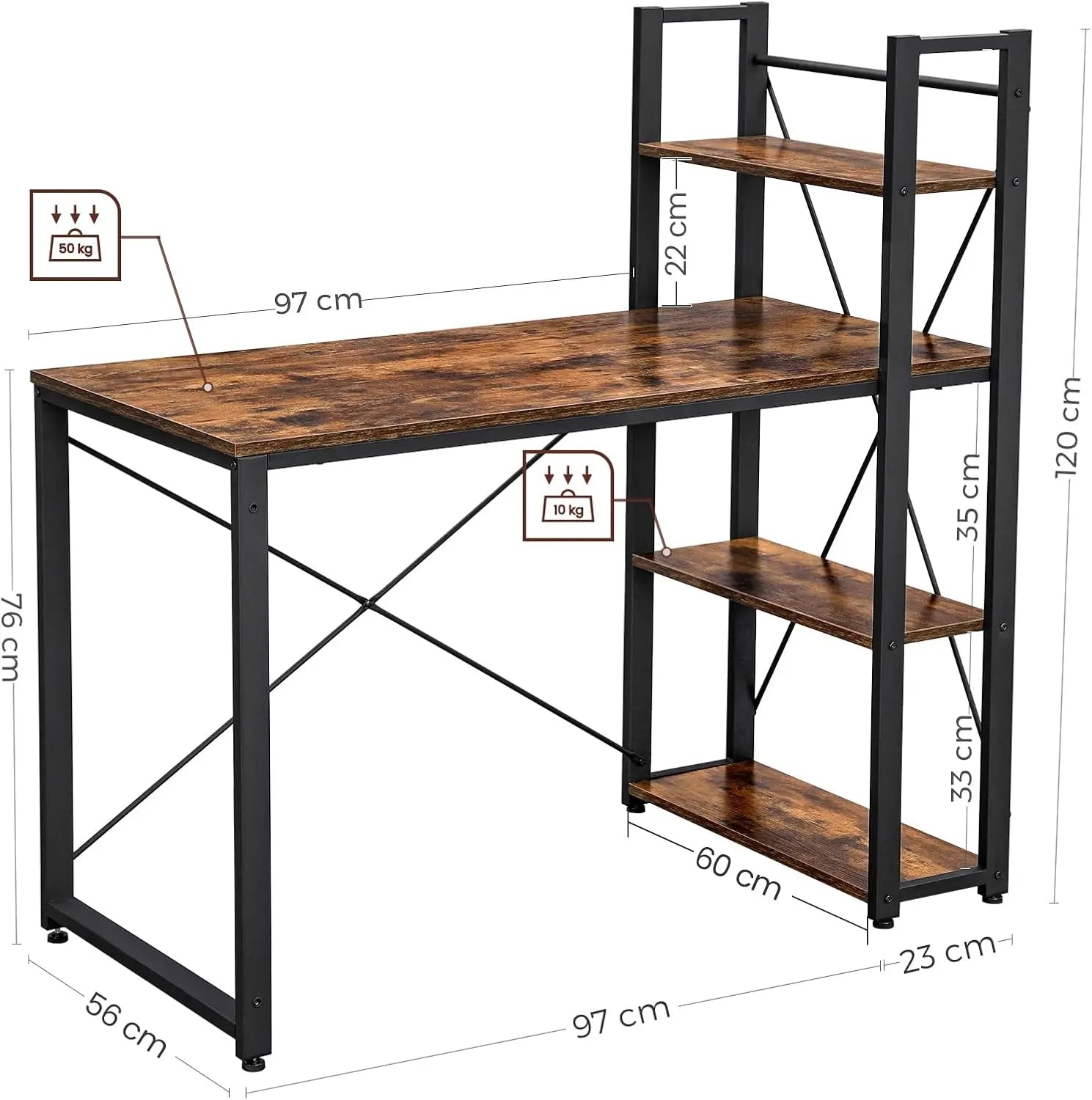 Schreibtisch 120cm Regalböden vintagebraun Holz von Songmics