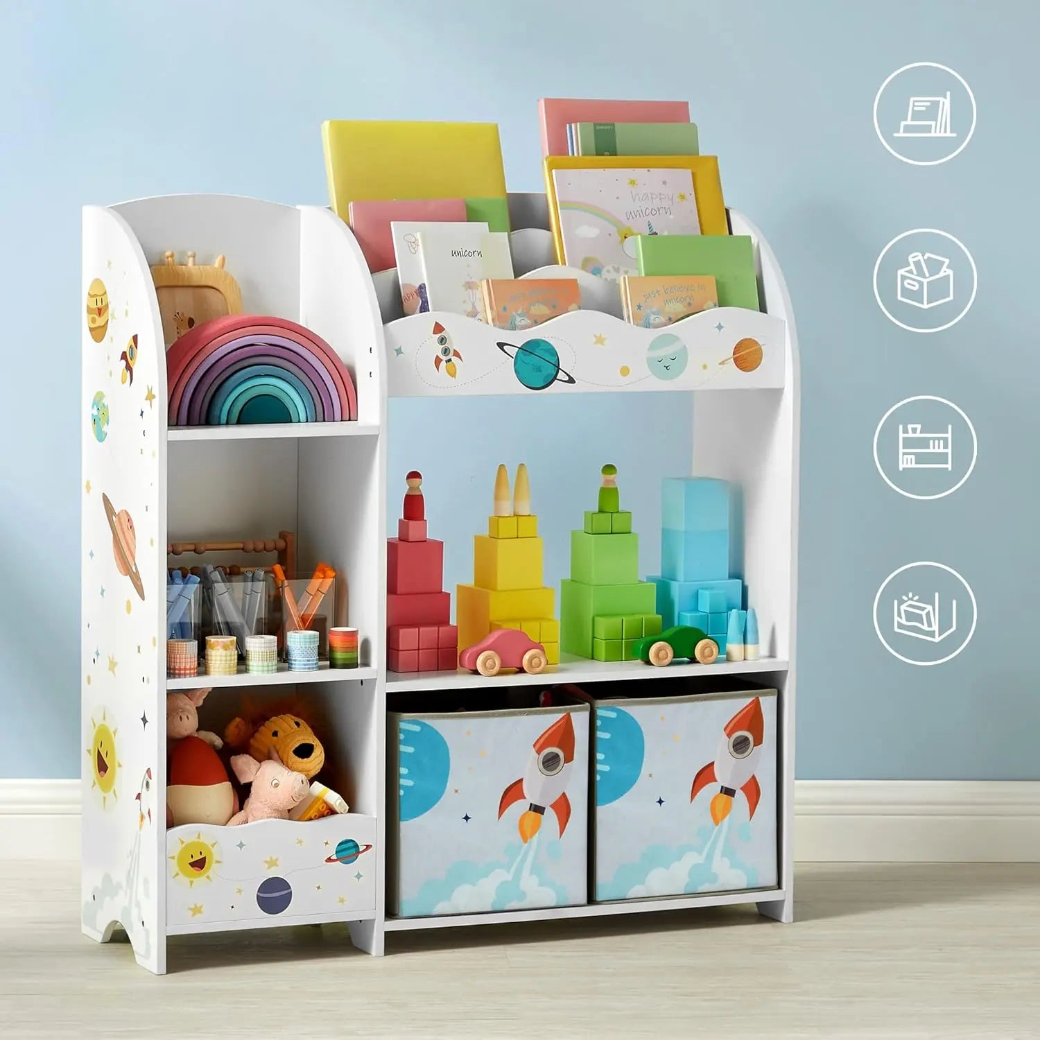 Kinderregal Spielzeugorganizer Bücherregal Weltall Weiss von Songmics