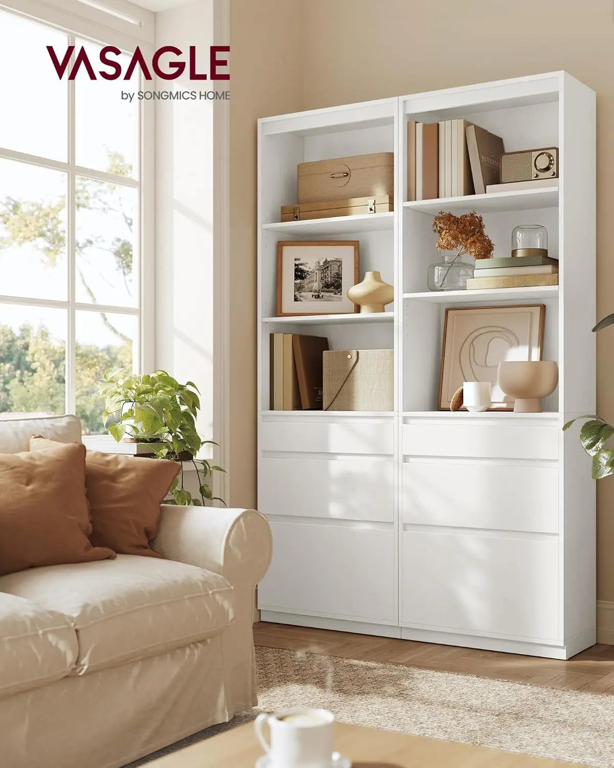 Hochschrank Bücherregal weiss 3 Schubladen Holz von Songmics