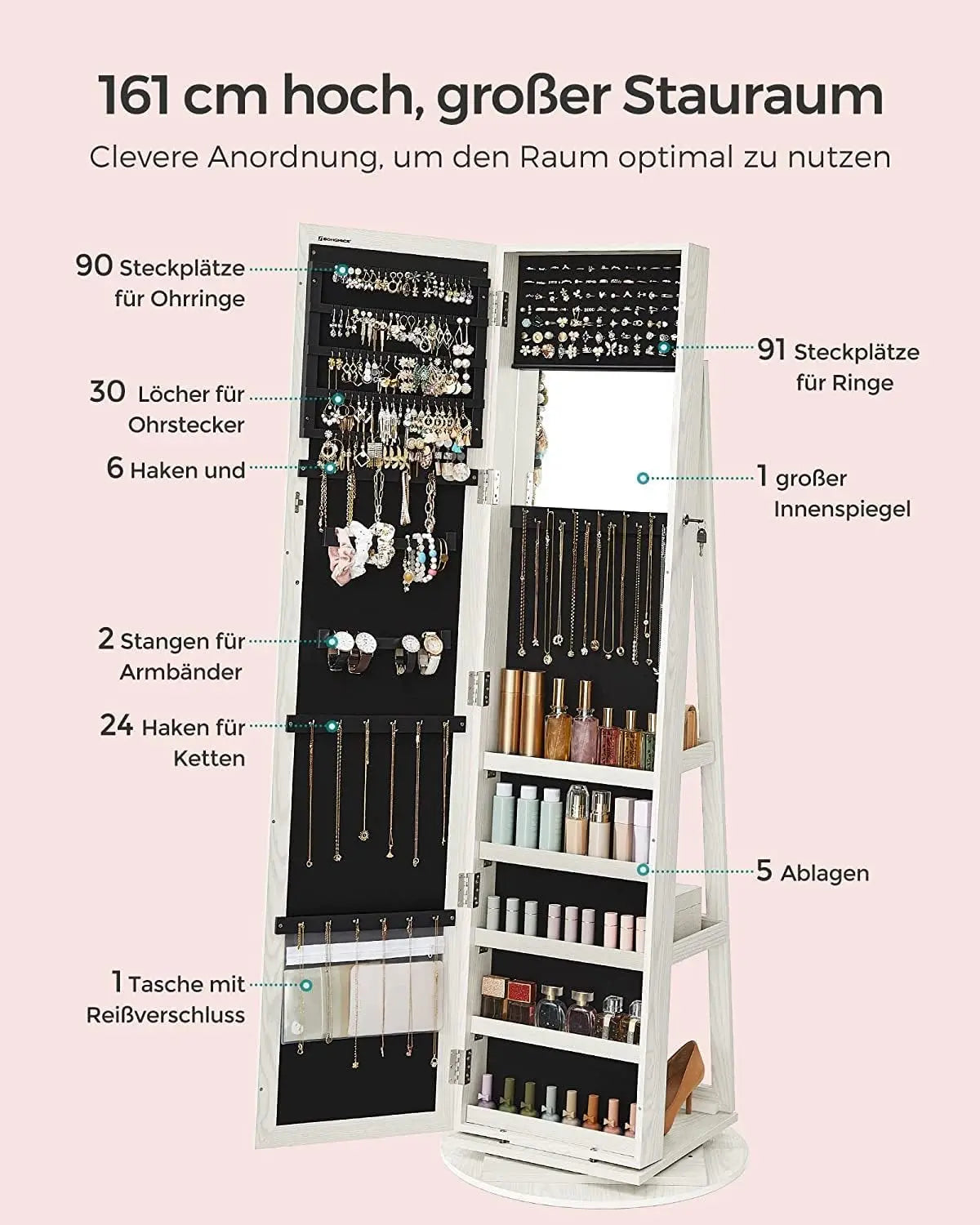 Schmuckschrank Standspiegel 360° drehbar weiss von Songmics