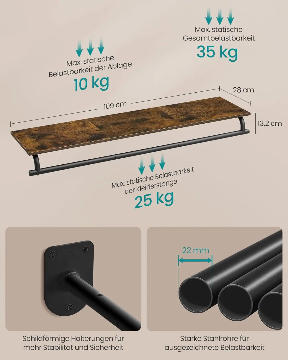 Wandgarderobe mit Kleiderstange vintagebraun Metall von guteszeug.ch