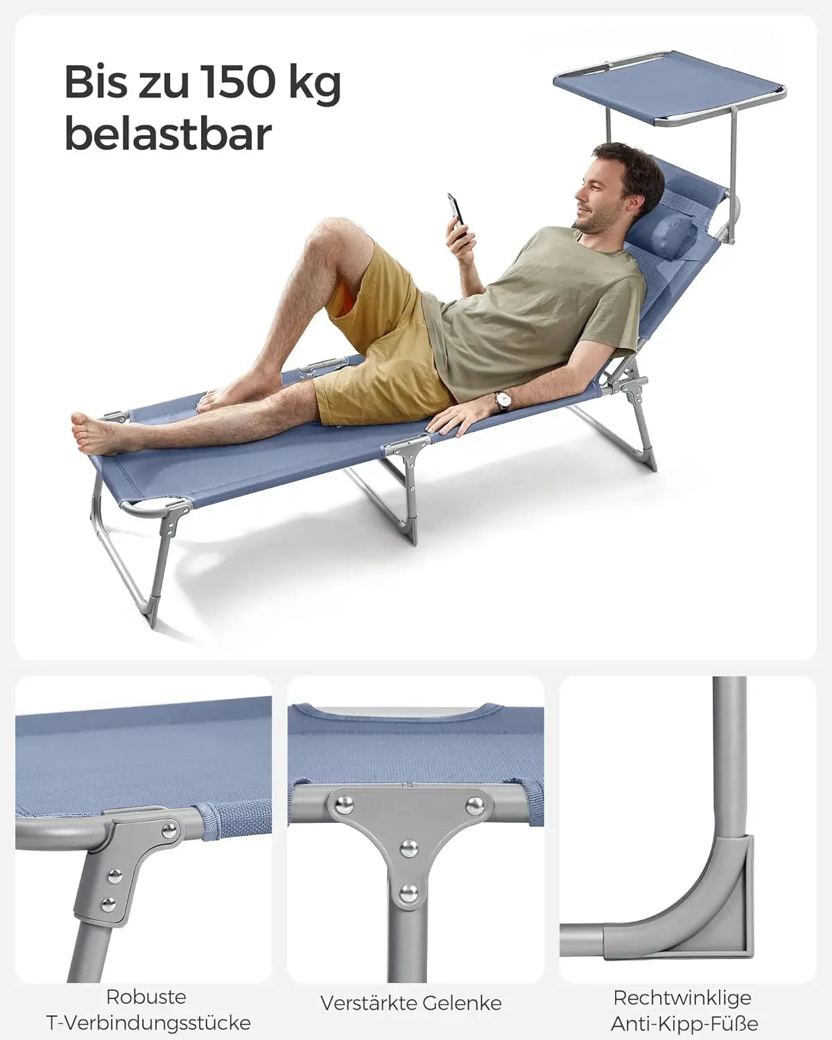 Sonnenliege klappbar mit Kopfkissen 150kg blau Stahl von Songmics