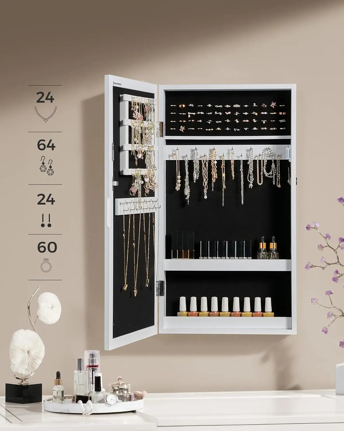 Schmuckschrank Spiegelschrank Hängeschrank abschliessbar Weiss-Schwarz von Songmics