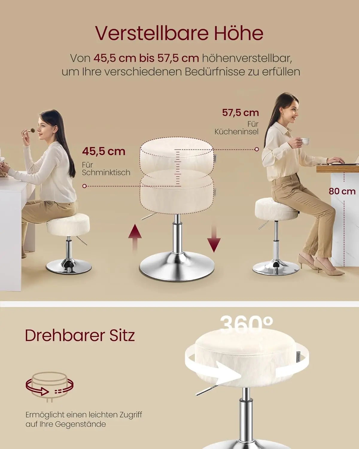 Schminkhocker höhenverstellbar drehbar cremeweiss PU von guteszeug.ch
