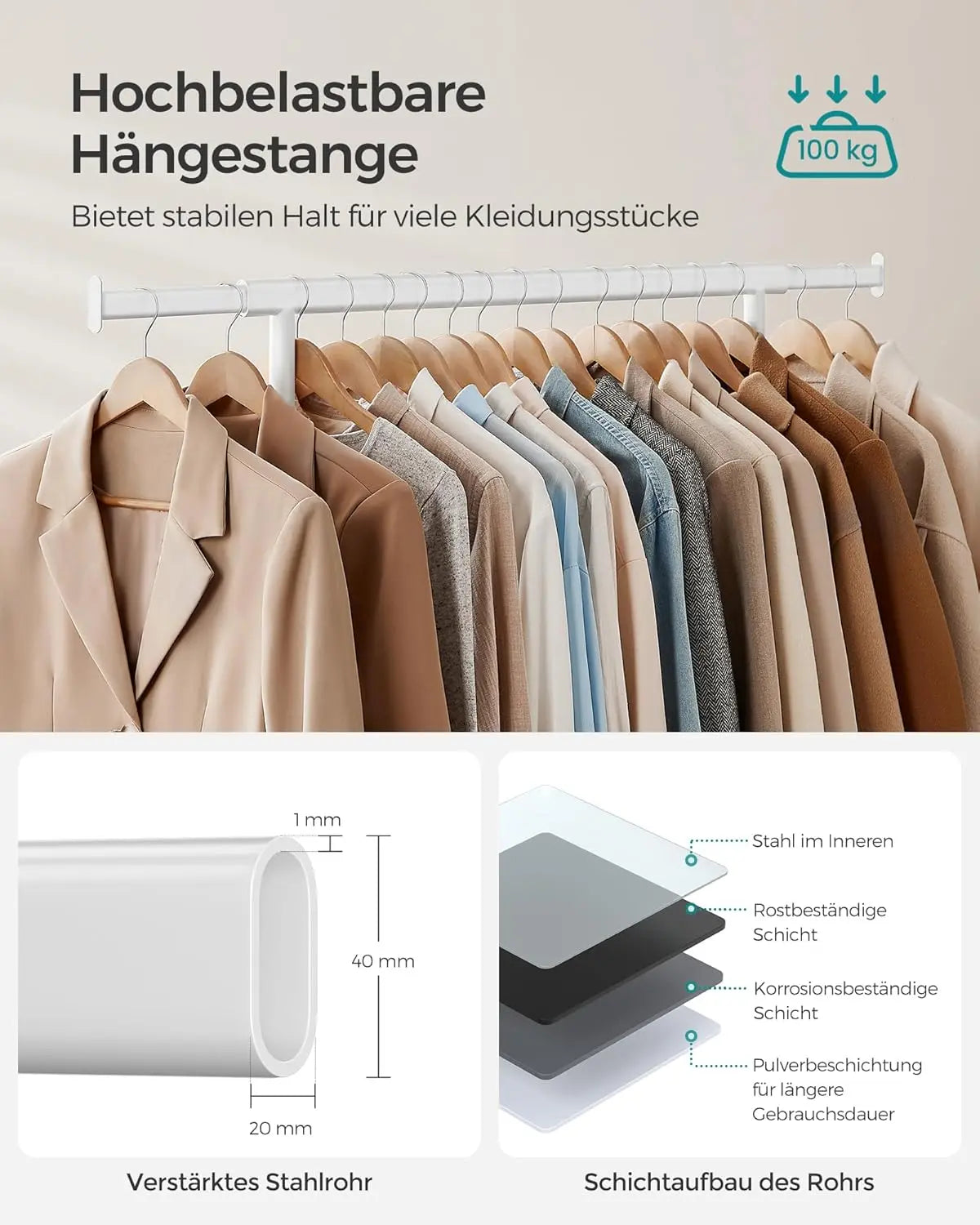 Kleiderständer Schwerlast Ausziehbar Transportabel 100kg Weiss von Songmics