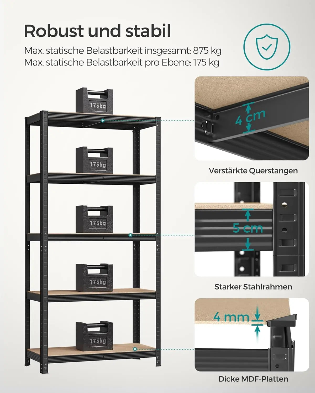Schwerlastregale Stahlgestell Verstellbare Ablagen, 40 x 90 x 180 cm, Schwarz von Songmics