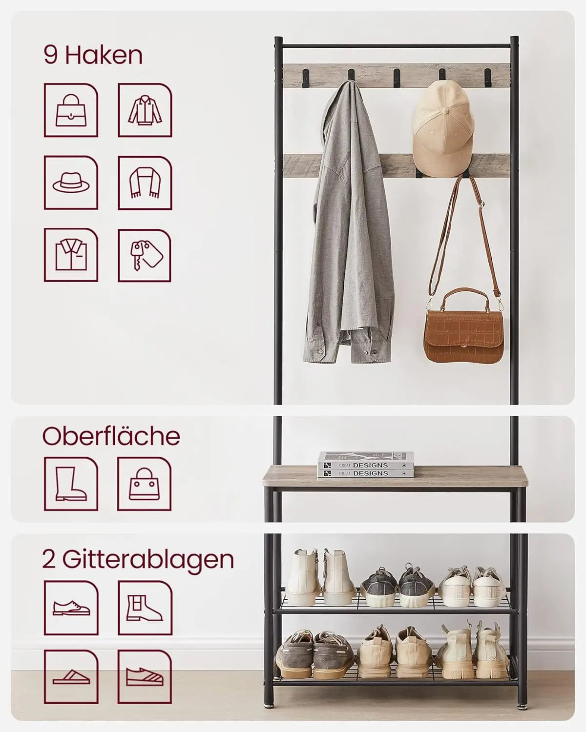 Garderobenständer mit Schuhablagen Industrie-Design Greige-Schwarz von Songmics